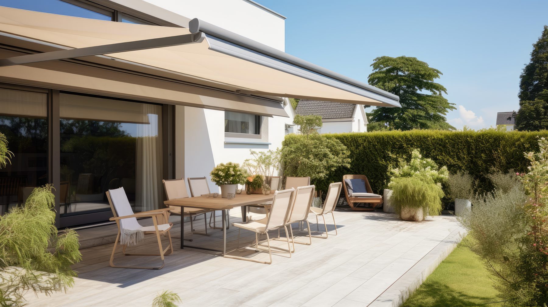Breite Markise über einer großen Terrasse mit Sitzgruppe und Liegen